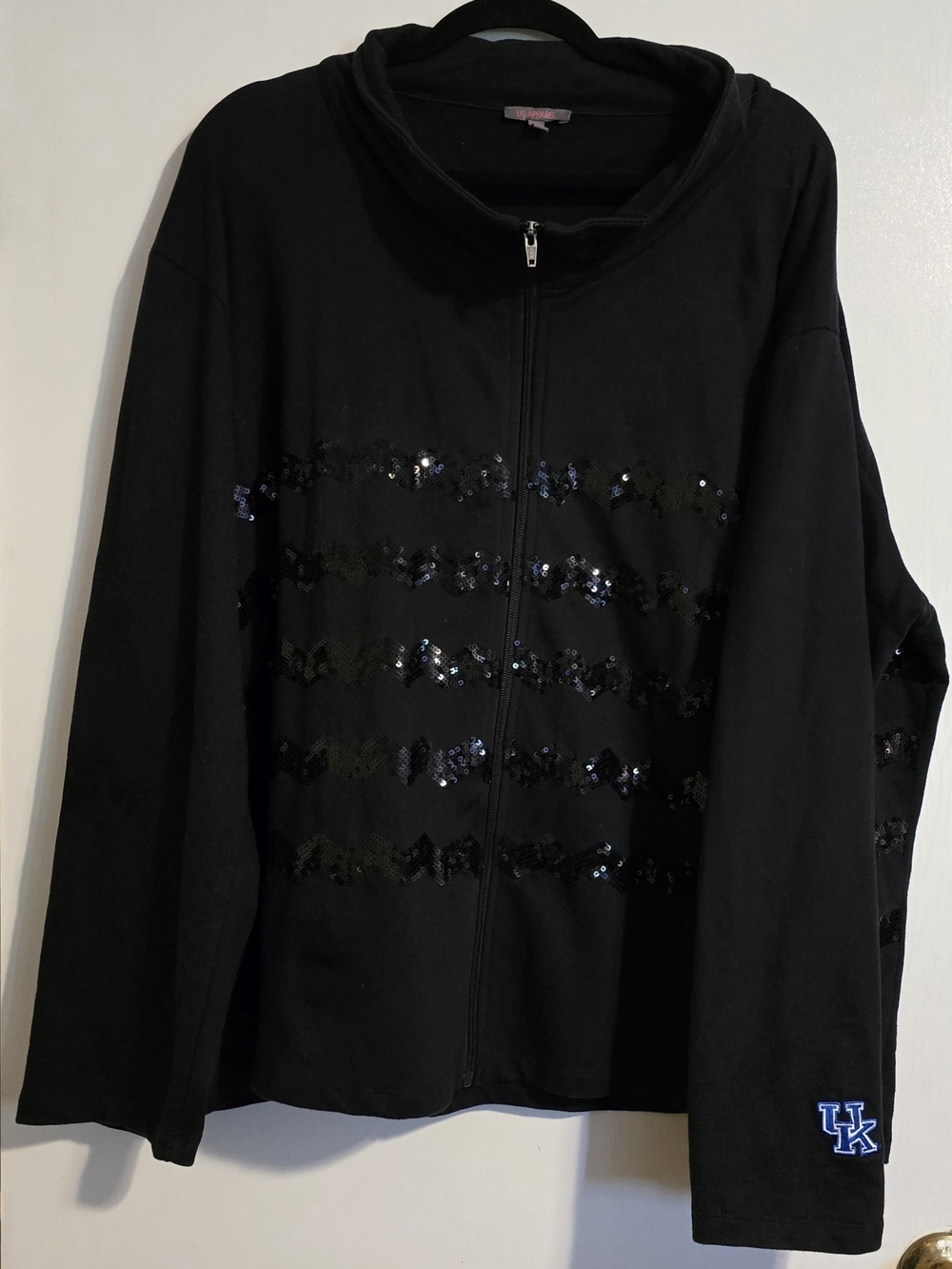 UK Black Sequin-Trim Zip Front Varsity Jacket
